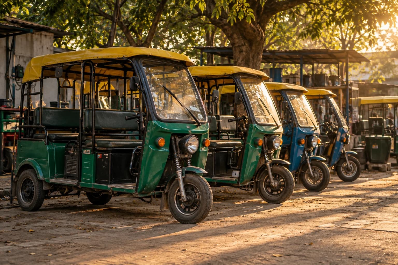 Illustrative view of battery-electric e-rickshaws at an Indian fleet depot