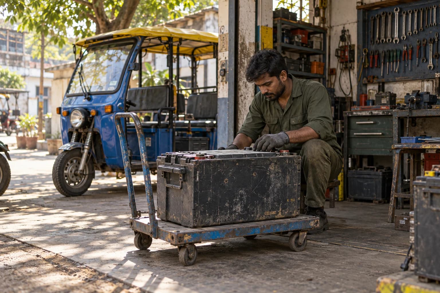 Illustrative view of a battery and mechanic at a local e-rickshaw service workshop