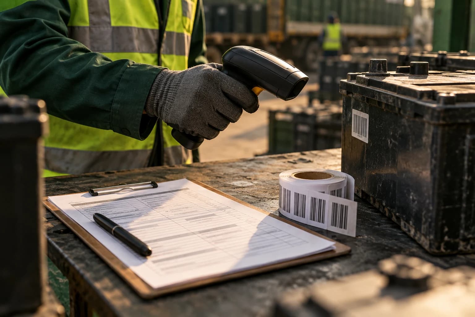 Illustrative view of a scanner, battery identifier and consignment paperwork at handover