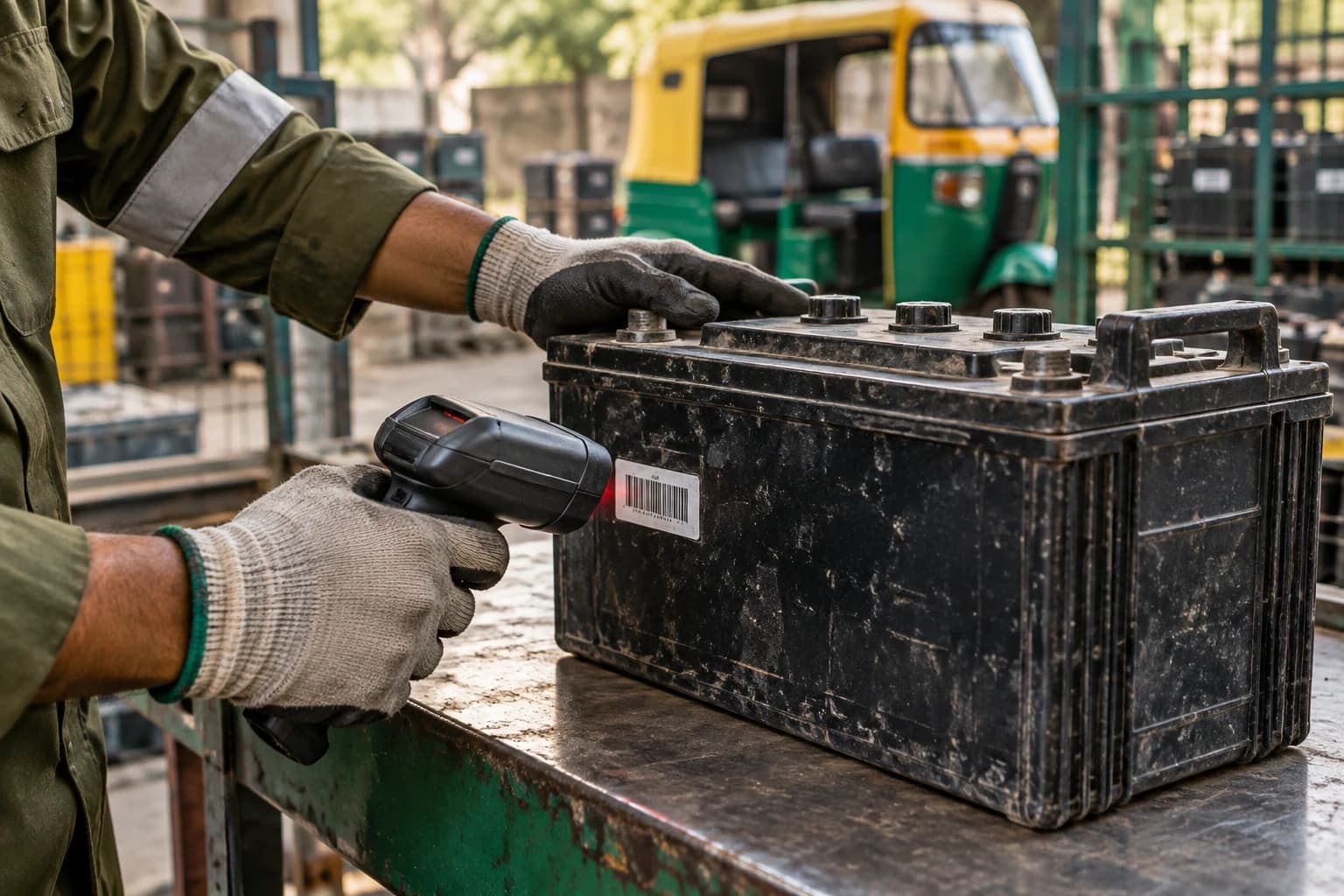 Illustrative close-up of a collection operator scanning a battery identifier